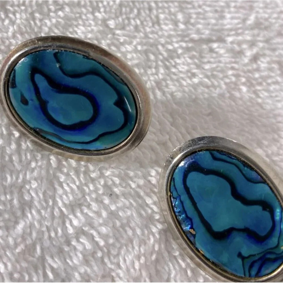 Vintage Blue Faux Abalone W Silver Tone Trim Oval Clop On Earrings - Picture 3 of 9